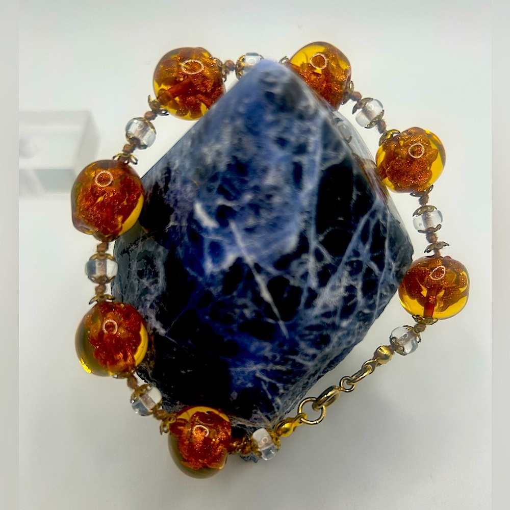 Vintage Lampwork Goldfoiled Beaded Bracelet Hand Knotted Artisan  8 In L